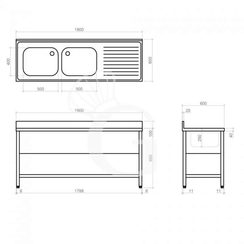 Spültisch, Edelstahl, 2 Becken, Abtropffläche rechts, Grundboden, Aufkantung, B 1800 mm x T 600 mm x H 950 mm