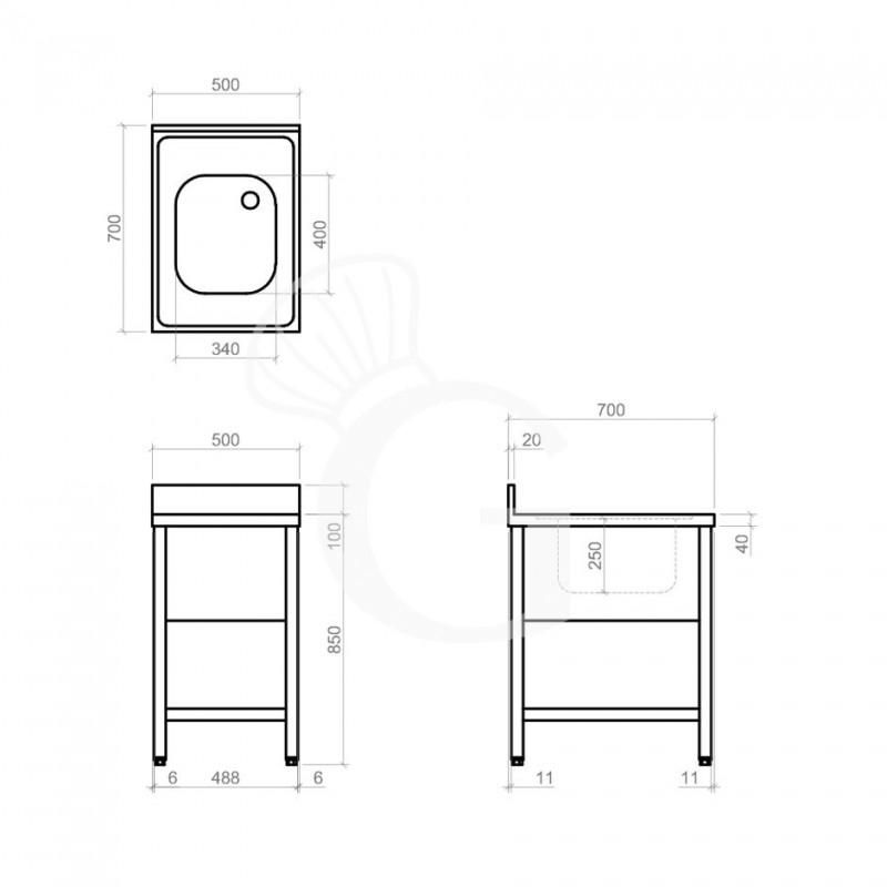 Spültisch, Edelstahl, 1 Becken, Grundboden, Aufkantung, B 500 mm x T 700 mm x H 950 mm
