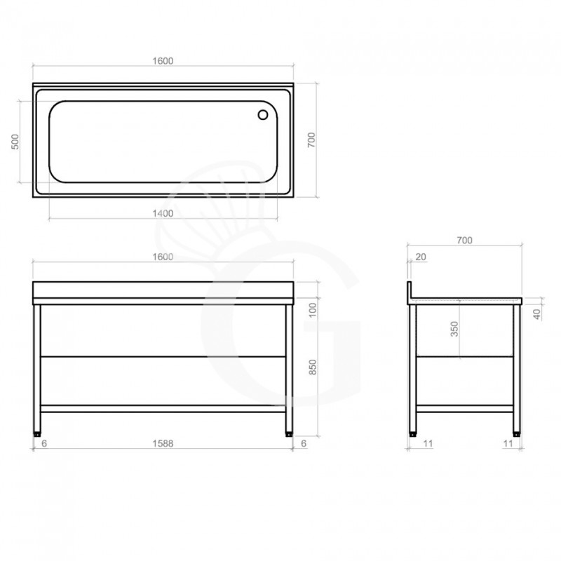 Topf - Spültisch, Edelstahl, 1 Becken, Grundboden, Aufkantung, B 1600 mm x T 700 mm x H 950 mm