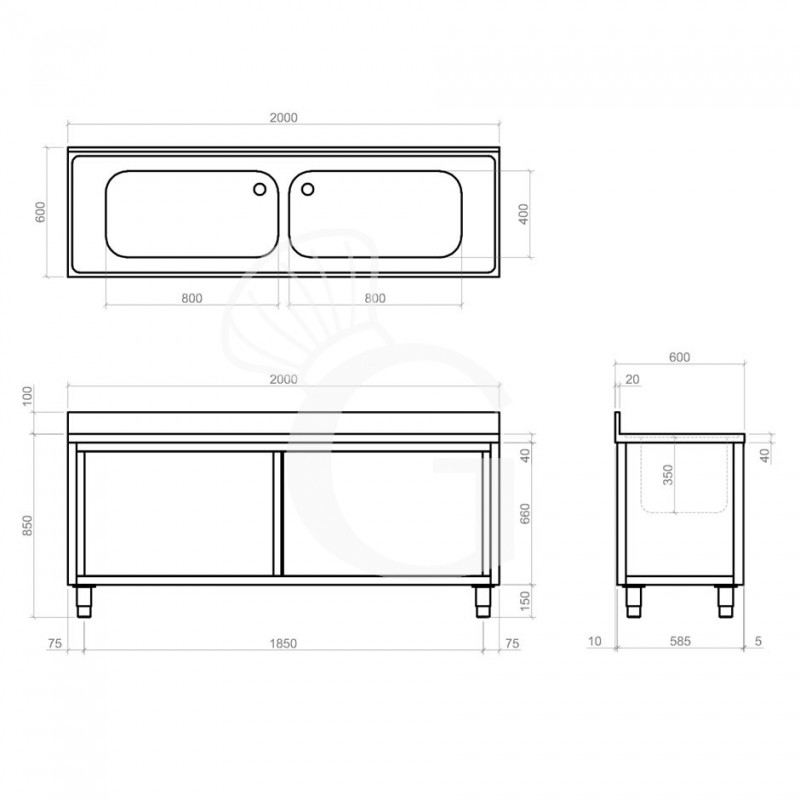 Spülschrank, Edelstahl, Schiebetüren, 2 Becken, Aufkantung, B 2000 mm x T 600 mm x H 950 mm