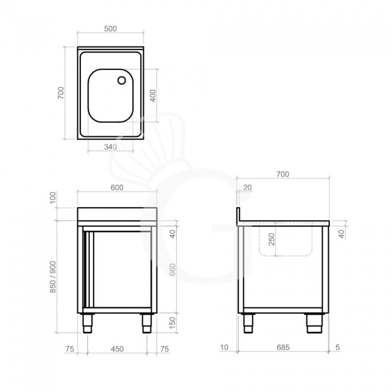 Spülschrank, Edelstahl, 1 Flügeltür, 1 Becken, Aufkantung, B 500 mm x T 700 mm x H 950 mm