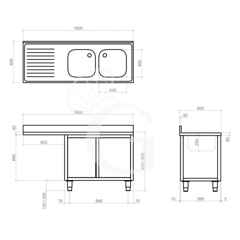 Spülmaschinen Spülschrank, Edelstahl, 2 Becken, Abtropffläche links, Schiebetüren, B 1600 mm x T 600 mm x H 950 mm