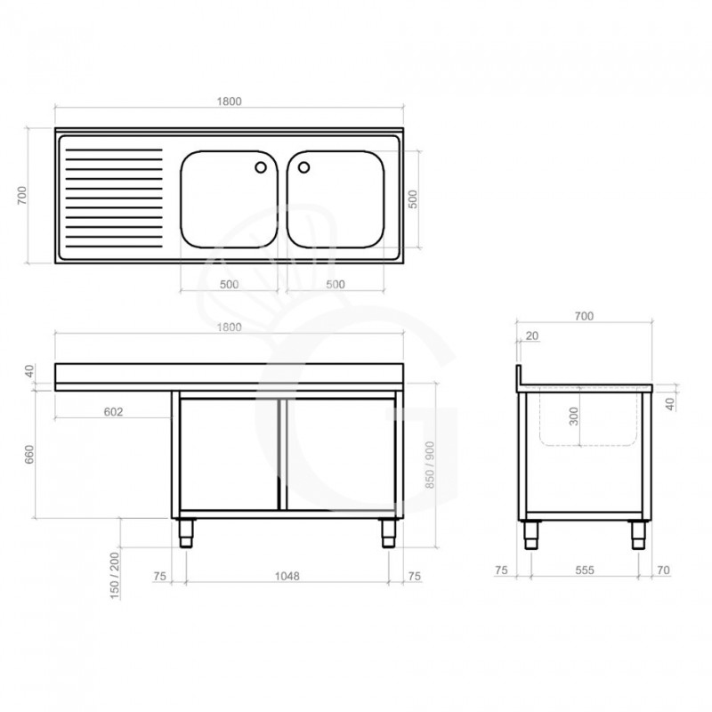 Spülmaschinen Spülschrank, Edelstahl, 2 Becken, Abtropffläche links, Schiebetüren, B 1800 mm x T 700 mm x H 950 mm