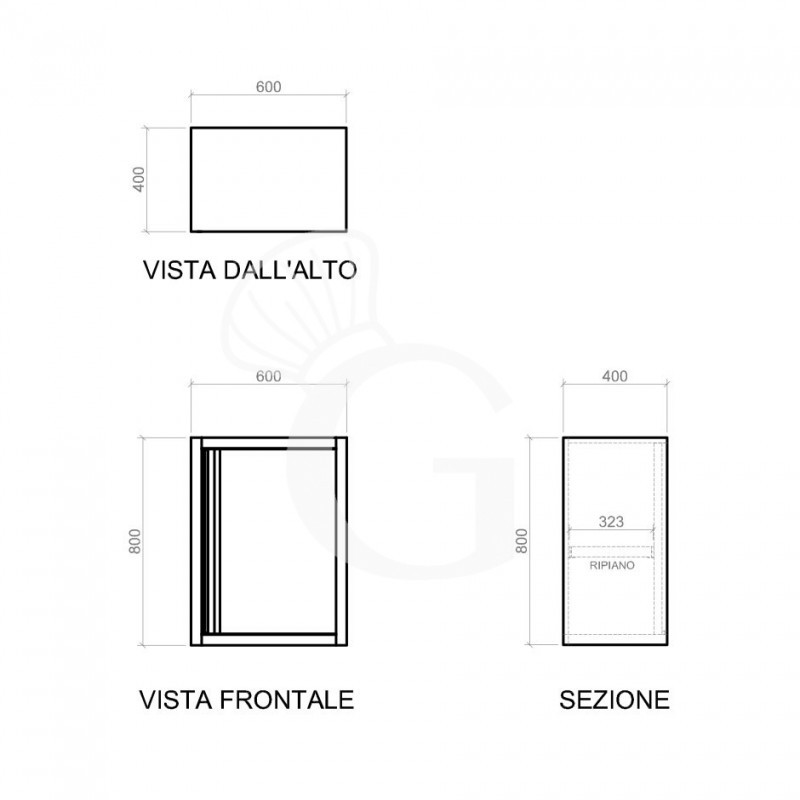 Wandhängeschrank, Edelstahl, 1 Flügeltür, 1 Zwischenboden, B 600 mm x T 400 mm x H 800 mm - Vorderansicht, Sicht von oben