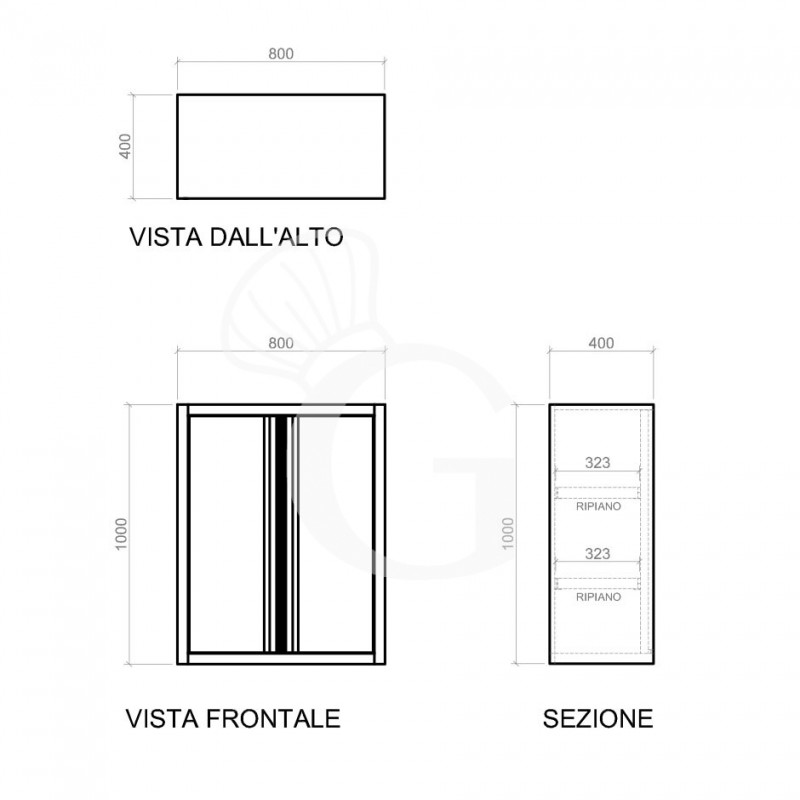 Wandhängeschrank, Edelstahl, 2 Flügeltüren, 2 Zwischenböden, B 800 mm x T 400 mm x H 1000 mm - Vorderansicht, Sicht von oben