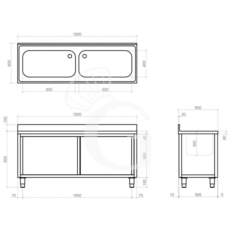 Spülschrank, Edelstahl, Schiebetüren, 2 Becken, Aufkantung, B 1800 mm x T 600 mm x H 950 mm