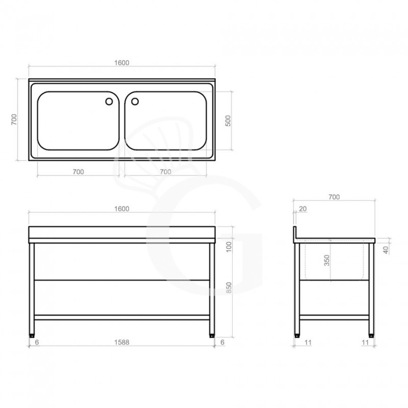 Topf-Spültisch, Edelstahl, 2 Becken, Grundboden, Aufkantung, B 1600 mm x T 700 mm x H 950 mm