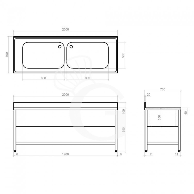 Topf-Spültisch, Edelstahl, 2 Becken, Grundboden, Aufkantung, B 2000 mm x T 700 mm x H 950 mm