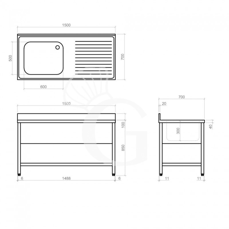 Spültisch, Edelstahl, Abtropffläche rechts, Becken, Grundboden, Aufkantung, B 1500 mm x T 700 mm x H 950 mm