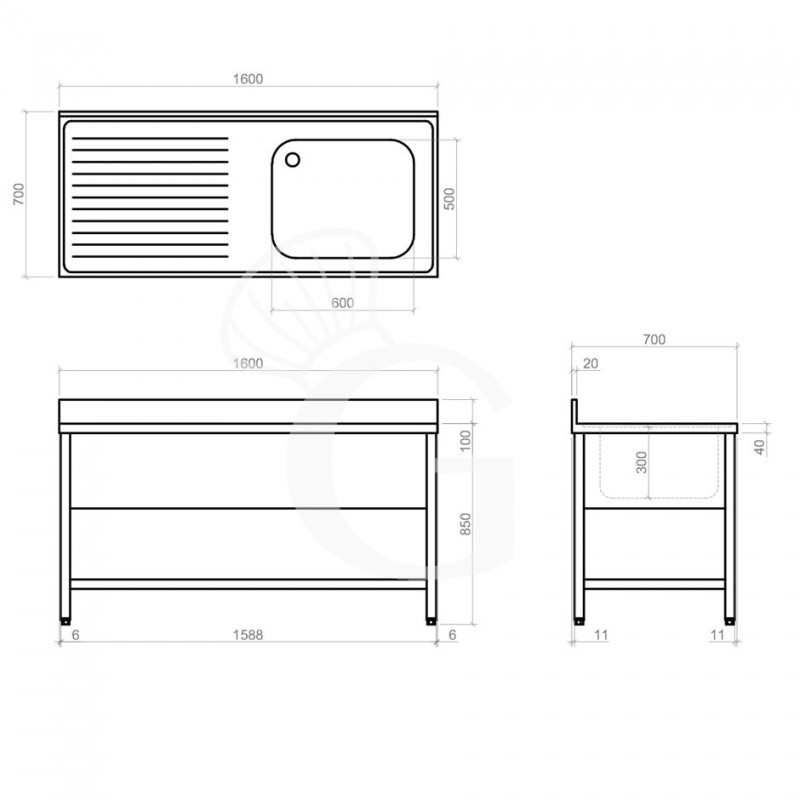 Spültisch, Edelstahl, Abtropffläche links, 1 Becken, Grundboden, Aufkantung, B 1600 mm x T 700 mm x H 950 mm