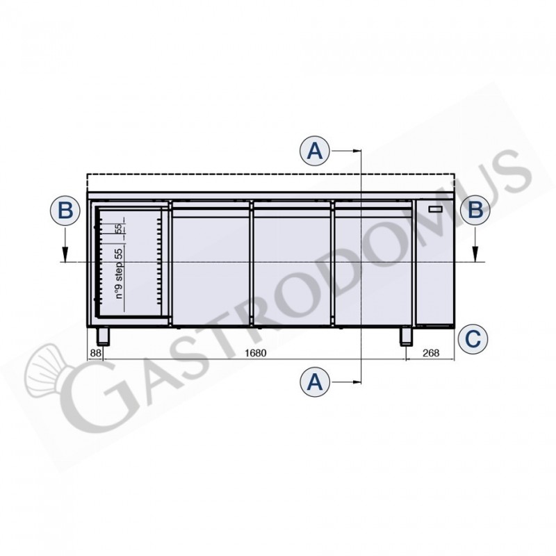 Kühltisch, 4 Türen, Tiefe 700 mm, 0°C/+10°C, externer Motor, Energieklasse D