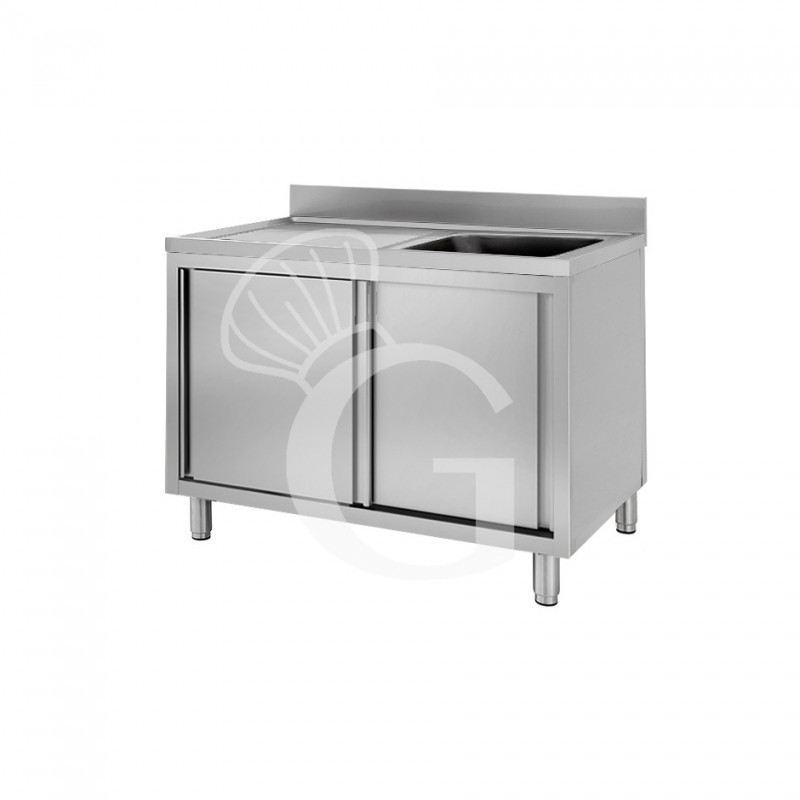 Spülschrank, Edelstahl, Abtropffläche links, Schiebetüren, 1 Becken, Aufkantung, B 1100 mm x T 600 mm x H 950 mm