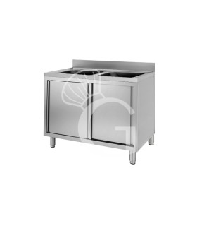 Spülschrank, Edelstahl, Schiebetüren, 2 Becken, Aufkantung, B 1000 mm x T 700 mm x H 950 mm