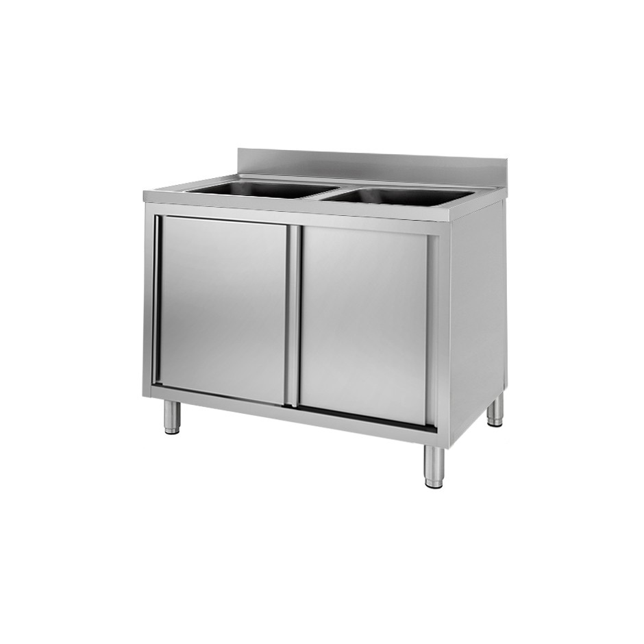 Spülschrank, Edelstahl, Schiebetüren, 2 Becken, Aufkantung, B 1000 mm x T 700 mm x H 950 mm