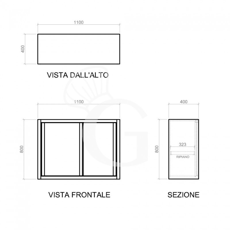 Sicht von oben, Vorderansicht, Schnitt
