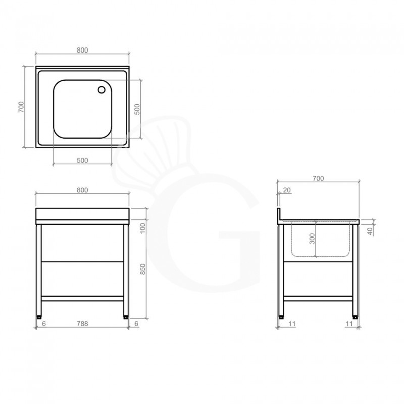 Spültisch, Edelstahl, 1 Becken, Grundboden, Aufkantung, B 800 mm x T 700 mm x H 950 mm