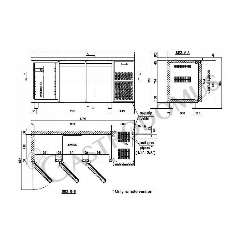 Kühltisch, 3-türig, Tiefe 600 mm, 0°C/+10°C, Motor auf der linken Seite, Energieklasse D