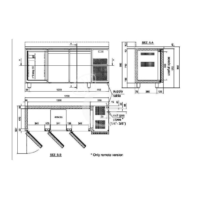 Kühltisch, 3-türig, Aufkantung, Tiefe 600 mm, 0°C/+10°C, Motor auf der linken Seite, Energieklasse D