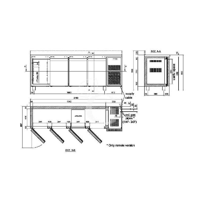 Kühltisch, 4-türig, Aufkantung, Tiefe 600 mm, 0°C/+ 10°C, Motor auf der linken Seite, Energieklasse D