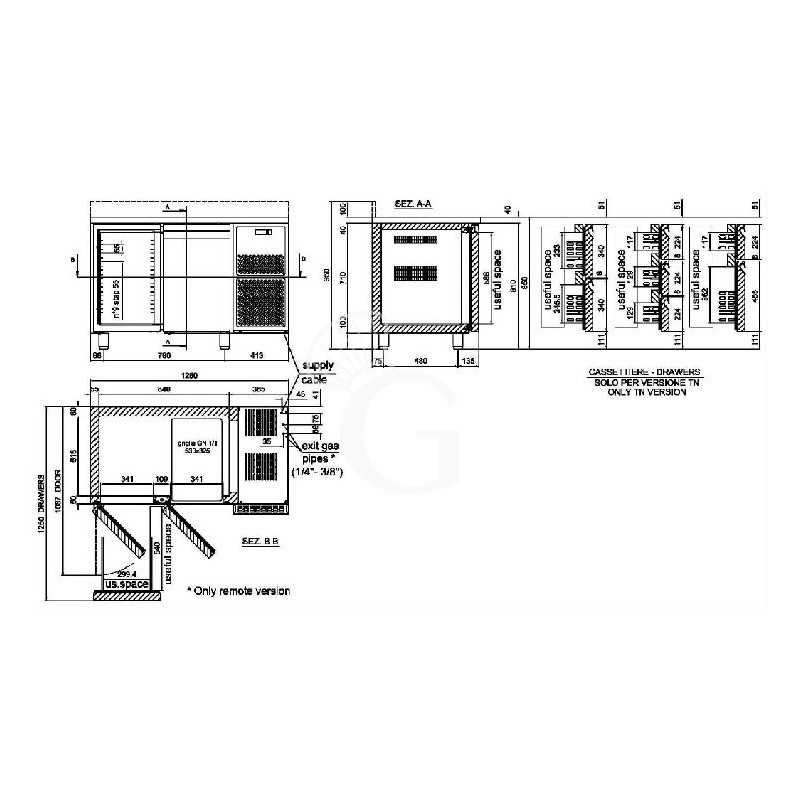 Kühltisch, 2-türig, Tiefe 700 mm, 0°C/+10°C, Motor auf der linken Seite, Energieklasse D