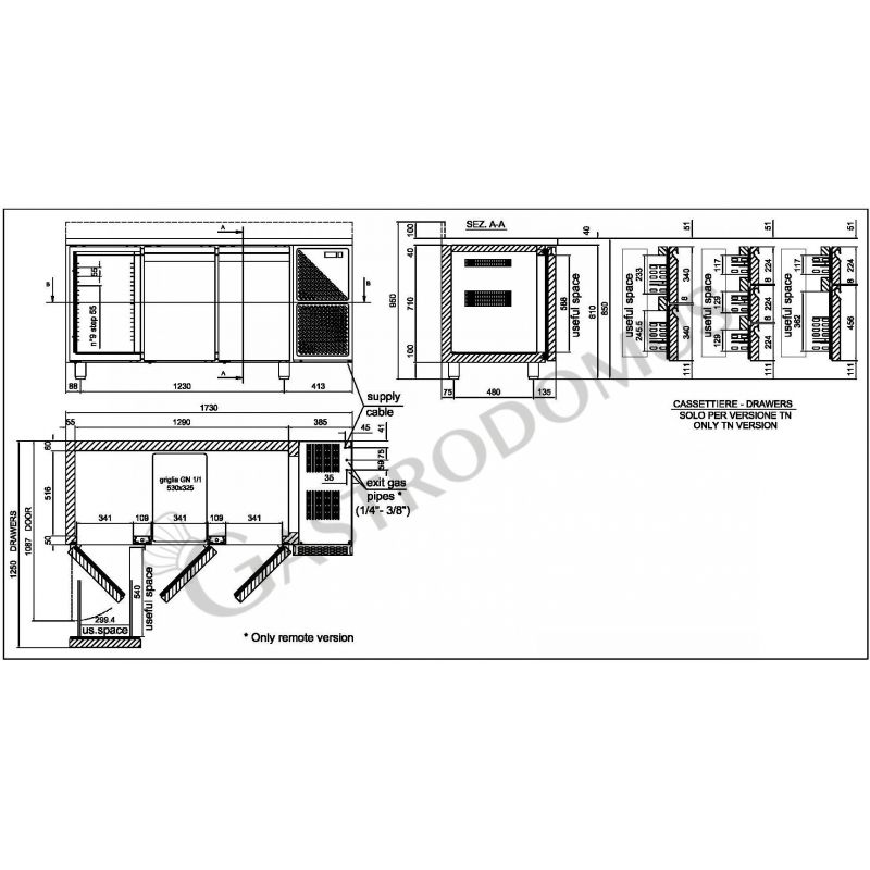 Kühltisch, 3-türig, Aufkantung, Tiefe 700 mm, 0°C/+10°C, Motor auf der linken Seite, Energieklasse D