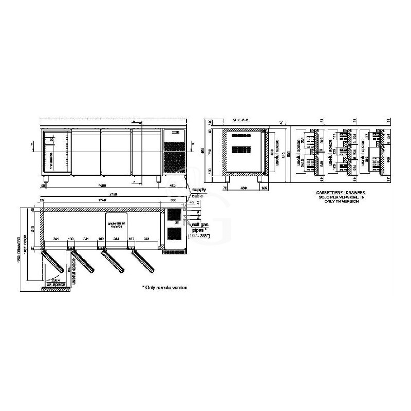 Kühltisch, 4-türig, Tiefe 700 mm, 0°C/+ 10°C, Motor auf der linken Seite, Energieklasse D