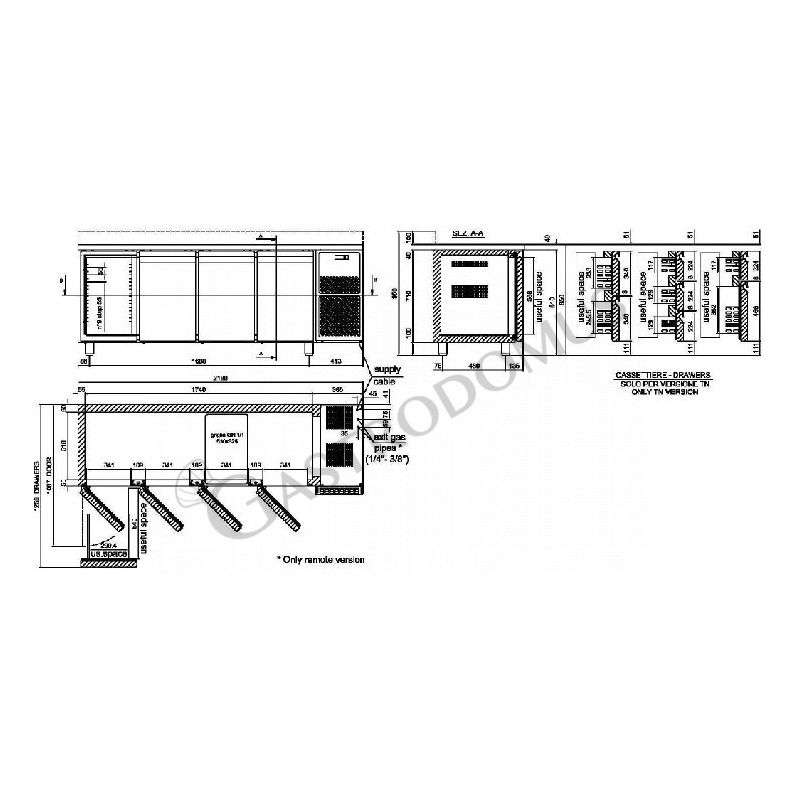 Kühltisch, 4-türig, Aufkantung, Tiefe 700 mm, 0°C/+10°C, Motor auf der linken Seite, Energieklasse D