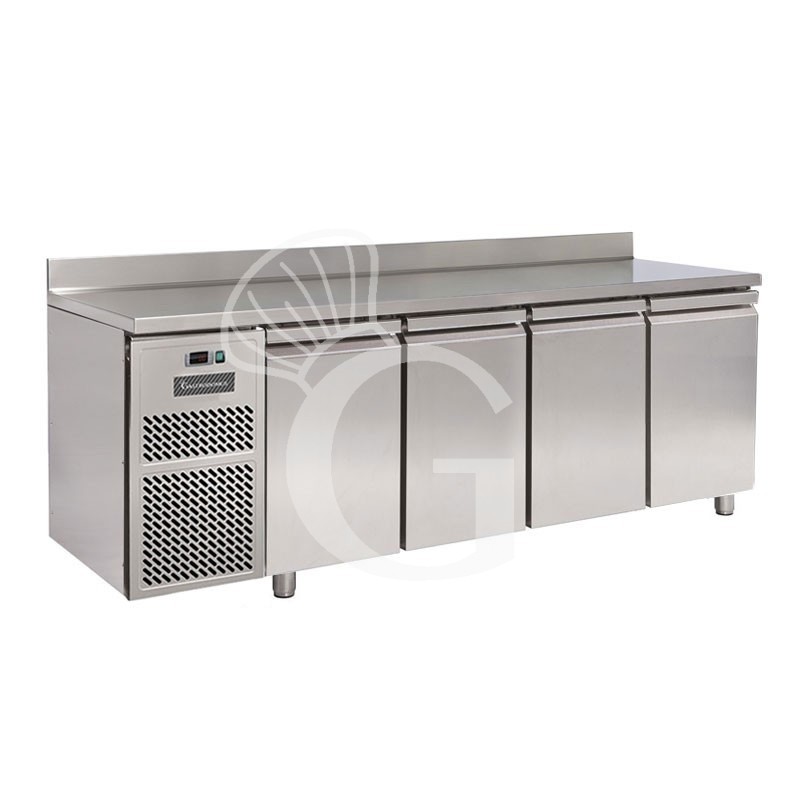 Kühltisch, 4-türig, Aufkantung, Tiefe 600 mm, 0°C/+ 10°C, Motor auf der linken Seite, Energieklasse D