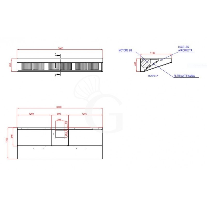 Wandhaube mit Motor, B 3000 mm x T 1100 mm x H 450 mm