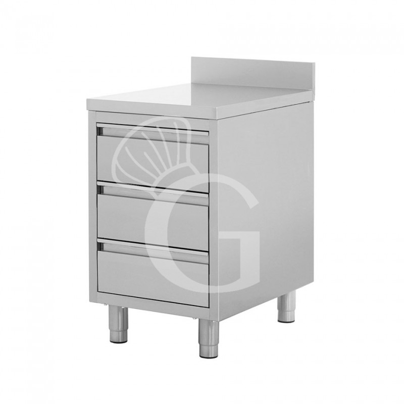 Schubladenschrank, Edelstahl, 3 Schubladen, Aufkantung, B 500 X T 600 X H 950 mm