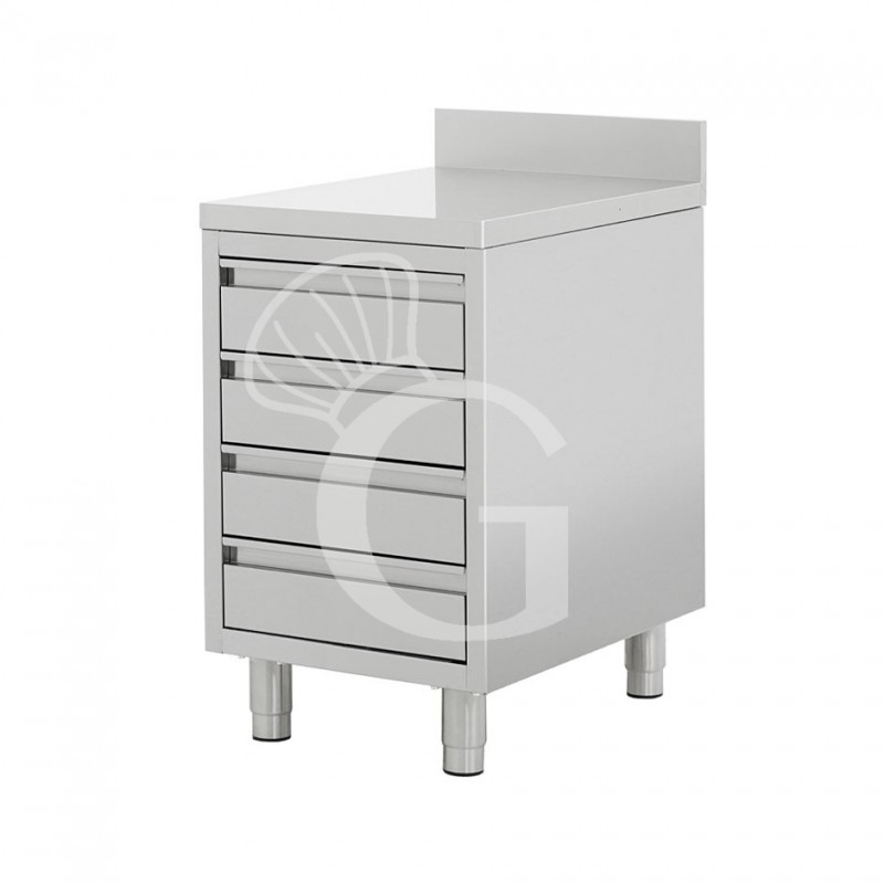 Schubladenschrank, Edelstahl, 4 Schubladen, Aufkantung, B 500 X T 600 X H 950 mm