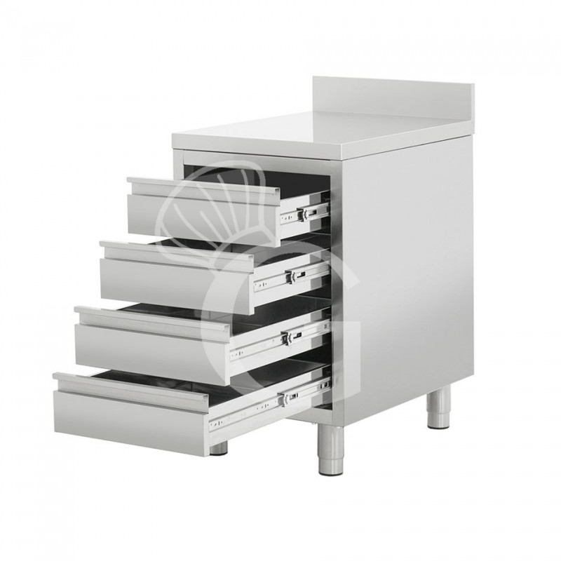 Schubladenschrank, Edelstahl, 4 Schubladen, Aufkantung, B 500 X T 600 X H 950 mm