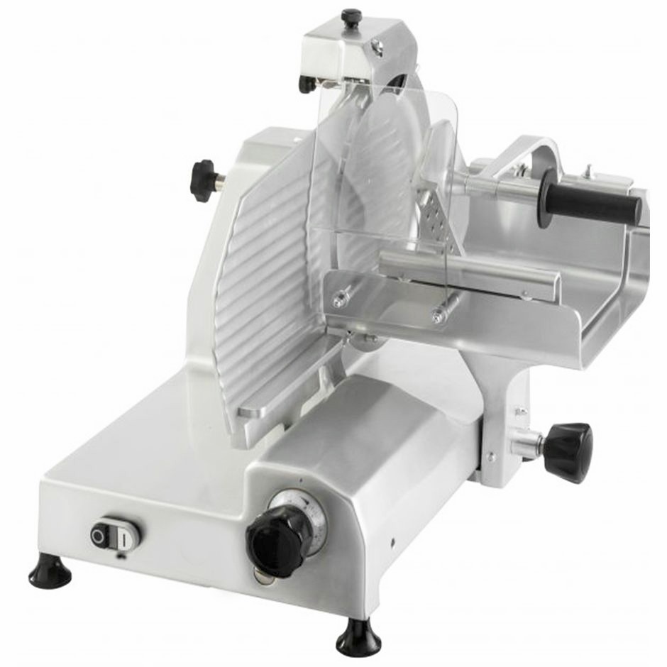 Vertikaler Fleischschneider aus Aluminium Messerdurchmesser 370 mm, integrierter Messerschärfer, einphasig