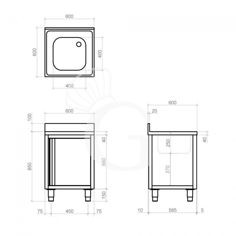 Spülschrank, Edelstahl, 1 Flügeltür, 1 Becken, Aufkantung, B 600 mm x T 600 mm x H 950 mm