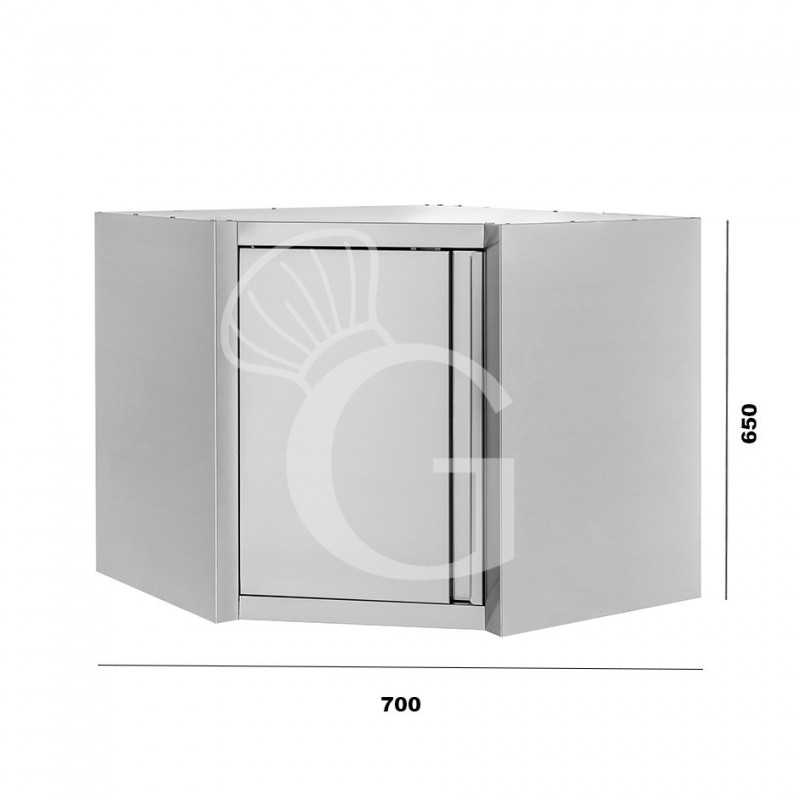 Eck-Wandhängeschrank, Edelstahl, 1 Flügeltüren, 1 Zwischenboden, B 700 mm x T 700 mm x H 650 mm