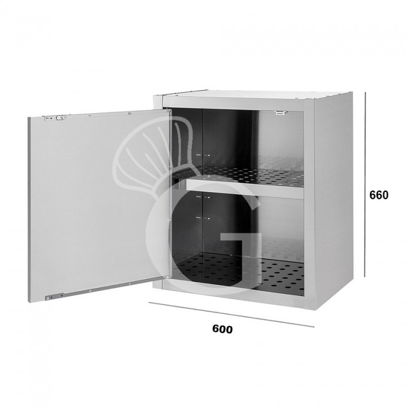 Wandhängeschrank, Edelstahl, mit Abtropffläche, 1 Flügeltür, 1 gelochter Zwischenboden, B 600 mm x T 400 mm x H 660 mm