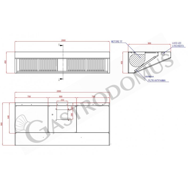 Wandhaube mit Motor, B 2000 mm x T 900 mm x H 450 mm