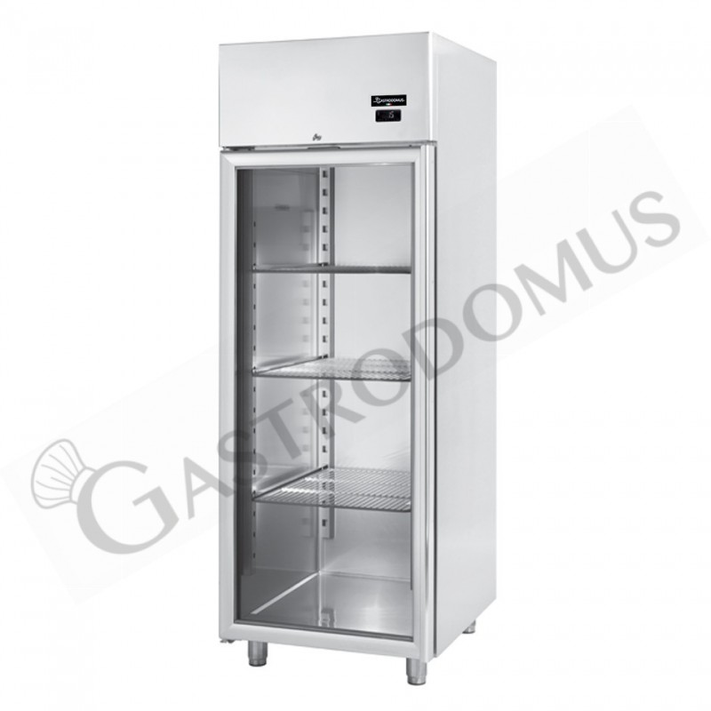 Kühlschrank (600 Liter), Edelstahl, Umluftkühlung, mit Glastür, Temperatur 0°C /+10°C