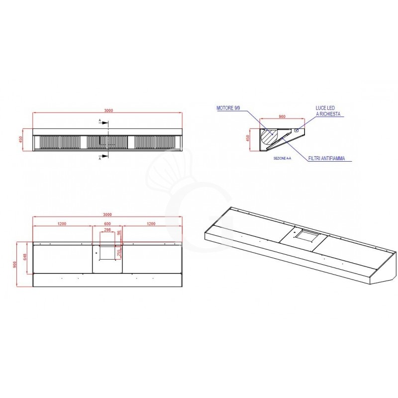 Wandhaube mit Motor, B 3000 mm x T 900 mm x H 450 mm