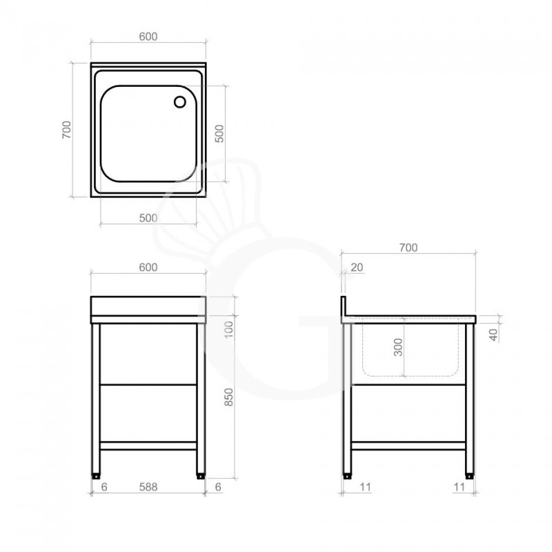 Spültisch, Edelstahl, 1 Becken, Grundboden, Aufkantung, B 600 mm x T 700 mm x H 965 mm, mit Loch (Ø 32 mm) für den Wasserhahn