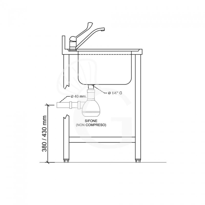 Spültisch, Edelstahl, 2 Becken, Abtropffläche links, Grundboden, Aufkantung, Hahnloch Ø 32 mm, B 1600 mm x T 700 mm x H 965 mm