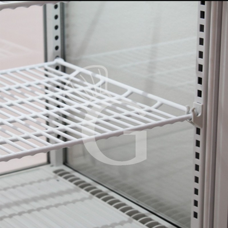 Weiße Mini-Getränkekühlvitrine (58 L), Umluftkühlung, Temperatur 0°C/+12°C, Energieklasse B