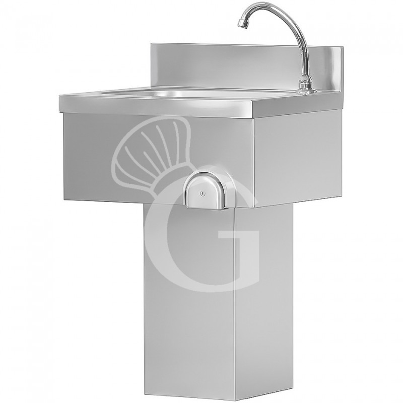 Handwaschbecken auf Säule, Edelstahl, Kniebedienung, mit Wasserhahn und Abfluss Handwaschbecken auf Säule, Edelstahl, Kniebedienung, mit Wasserhahn und Abfluss