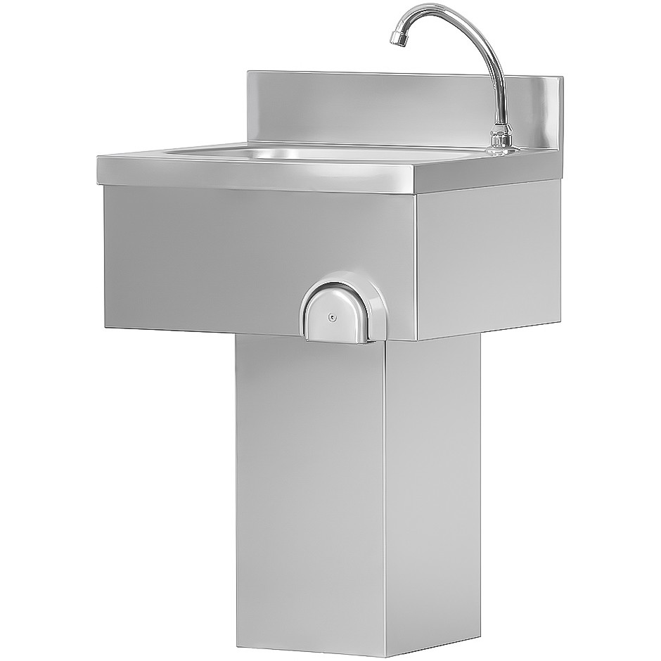Handwaschbecken auf Säule, Edelstahl, Kniebedienung, mit Wasserhahn und Abfluss