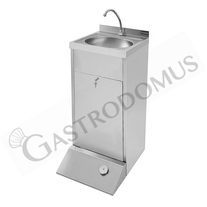 Handwaschbecken, mobil, Edelstahl, Fußbedienung, B 450 mm x T 550 mm x H 855 mm.