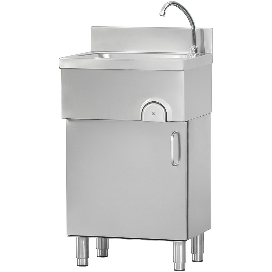 Handwaschbecken, mobil, Edelstahl, mit Unterschrank, Kniebedienung, Flügeltür, B 500 mm