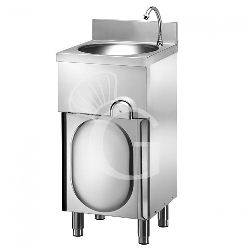 Handwaschbecken, Edelstahl, mit Unterschrank, Kniebedienung, Flügeltür