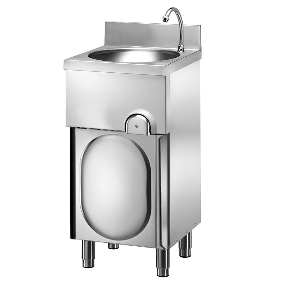 Handwaschbecken, Edelstahl, mit Unterschrank, Kniebedienung, Flügeltür