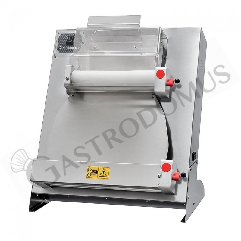 Teigausrollmaschine, parallele Polyethylen-Walzen, für Pizzaböden Ø 260/400 mm, Edelstahl, elektrisches Pedal