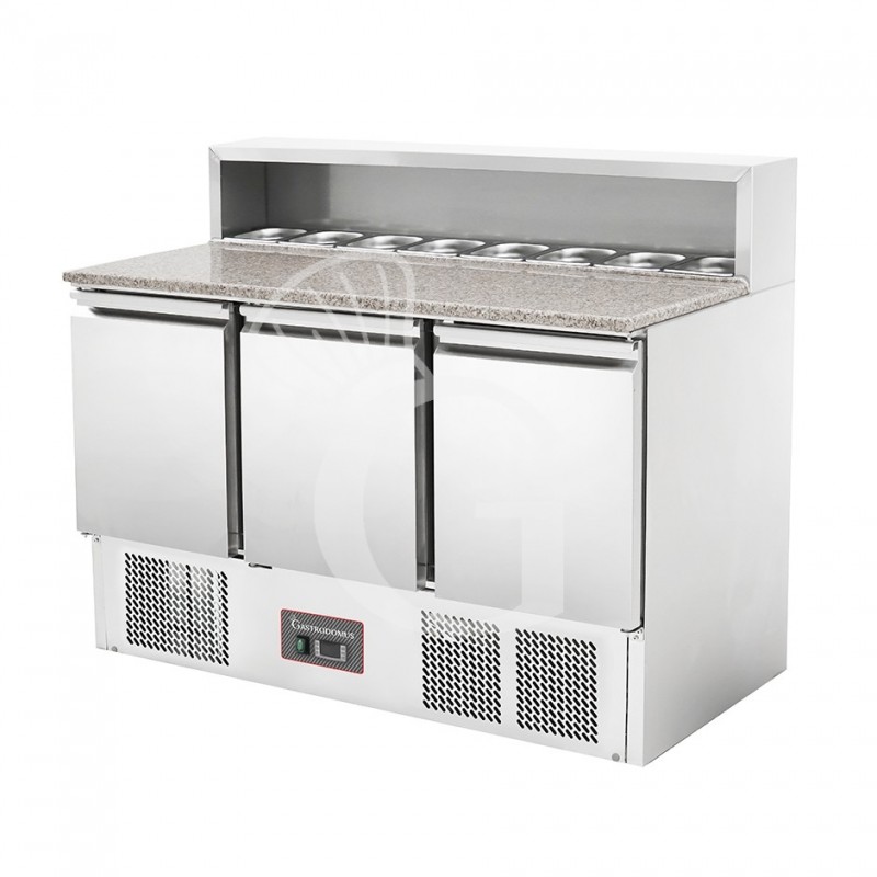 Pizzakühltisch / Saladette, statisch, 3 Türen, Temperatur +2°C/+8°C, Arbeitsplatte aus Granit